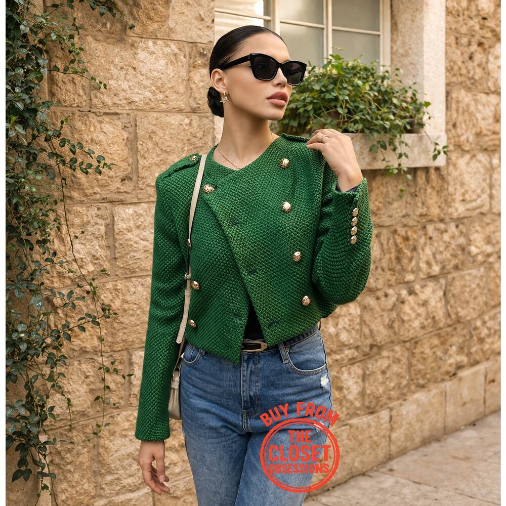 Zara Emerald Green Cropped Military Jacket Gold Button NWT - Picture 3 of 16